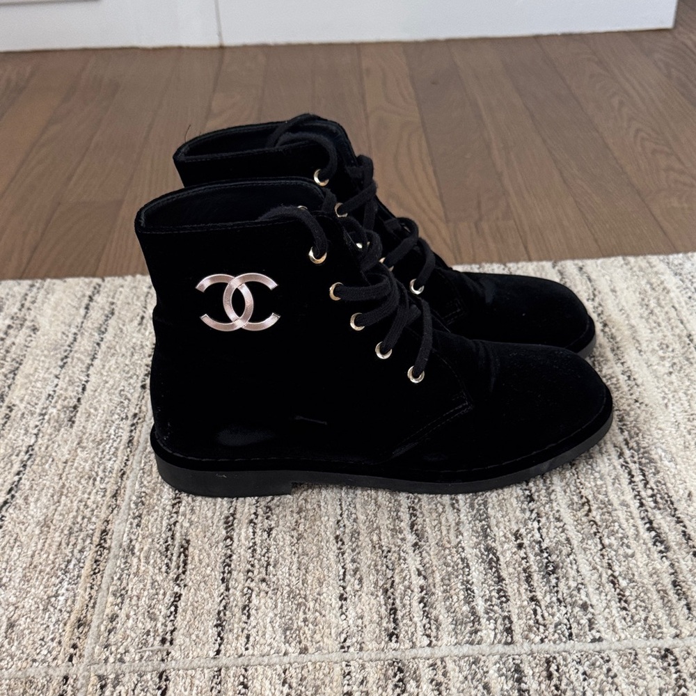 CHANEL Black Velvet Lace-Up Boots